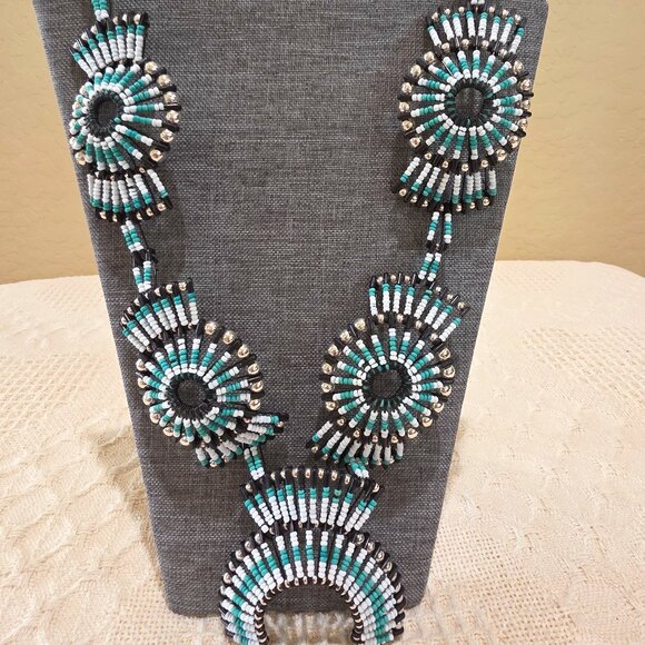 Margaret Hatfield Looker Jewelry - Vintage Squash Blossom Turquoise White Black Handmade Beaded Safety Pin Necklace